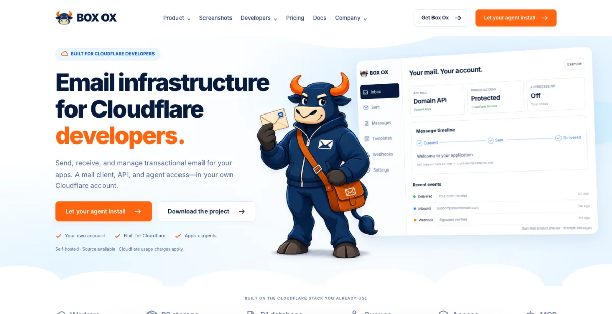Box Ox homepage with the headline “Email infrastructure for Cloudflare developers” and a preview of the inbox