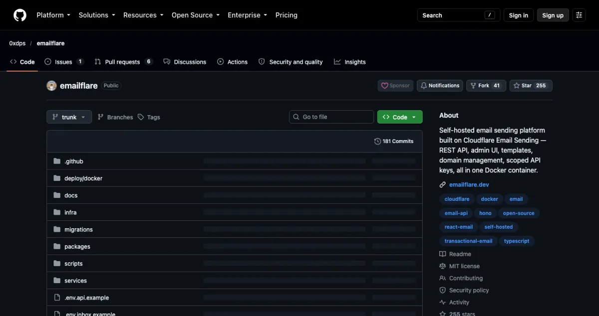 EmailFlare repository on GitHub, a self-hosted email sending platform built on Cloudflare Email Sending