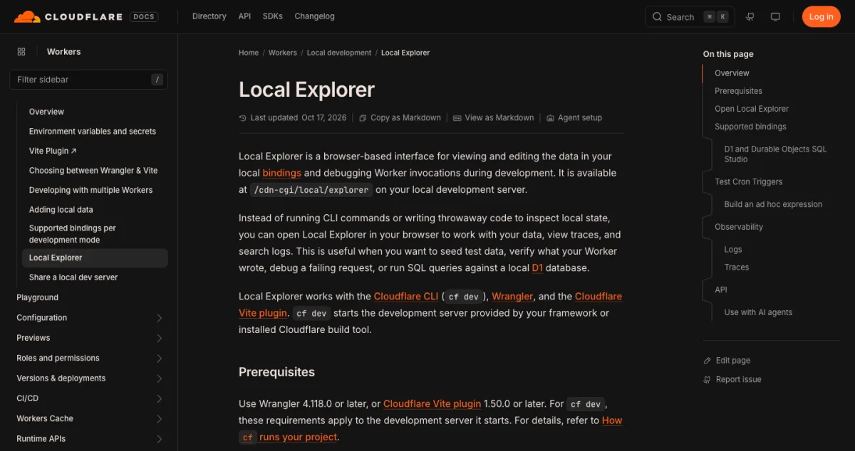 Cloudflare docs page for Local Explorer, a browser interface for local bindings, traces and logs