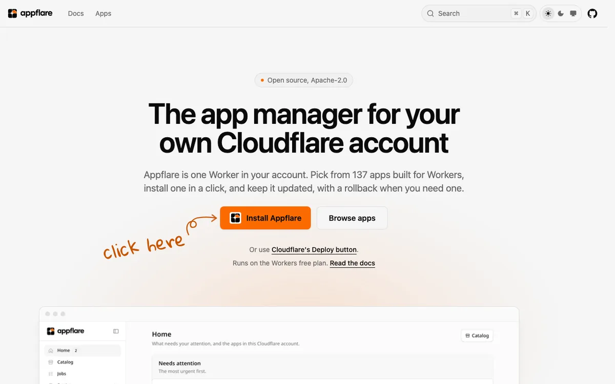 Appflare homepage with the headline “The app manager for your own Cloudflare account”