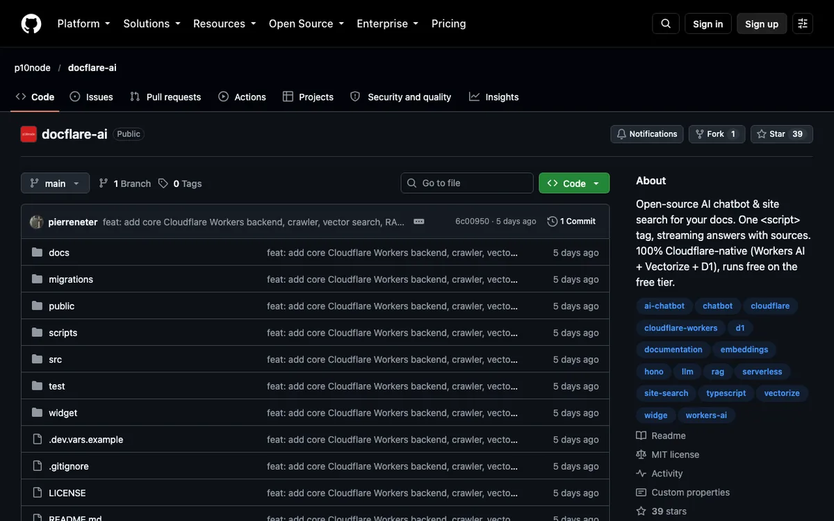 DocFlare AI repository on GitHub, an AI chatbot and site search built on Workers AI, Vectorize and D1