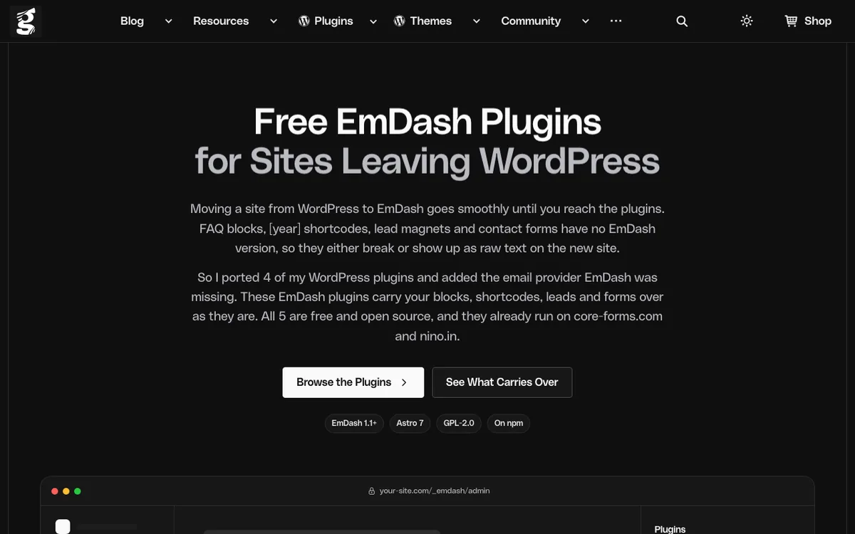 Gaurav Tiwari’s page “Free EmDash Plugins for Sites Leaving WordPress”