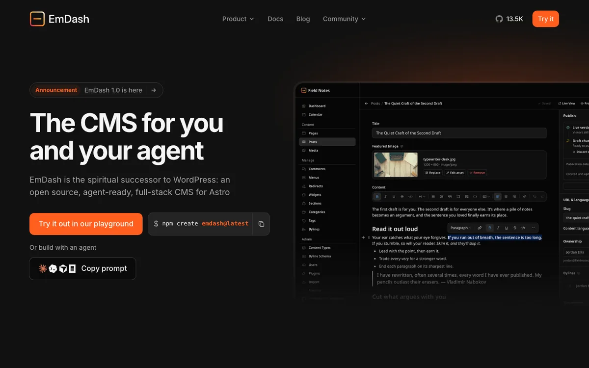 EmDash homepage with the headline “The CMS for you and your agent” and a screenshot of the editor