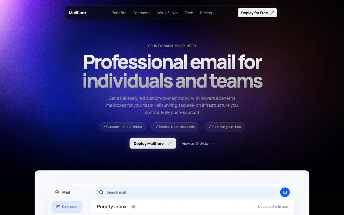 Mailflare homepage with the headline “Professional email for individuals and teams”