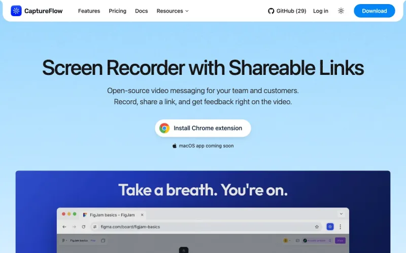 Captureflow homepage with the headline Screen Recorder with Shareable Links and an Install Chrome extension button