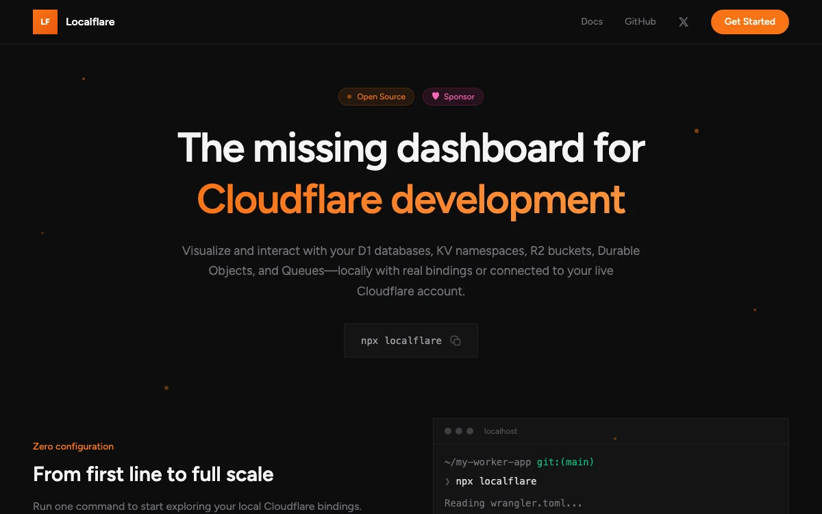 Localflare homepage with the headline "The missing dashboard for Cloudflare development" and the command npx localflare