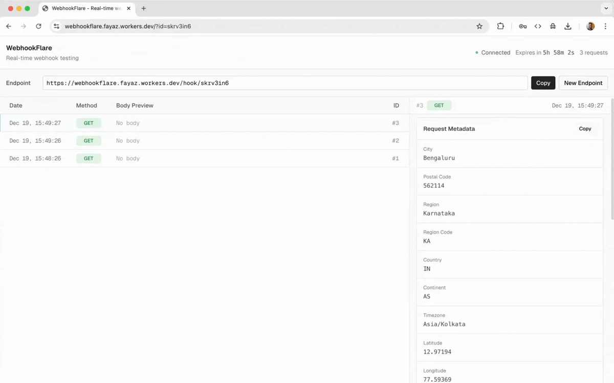 Webhookflare showing a webhook endpoint URL, a list of received requests and the details of the selected request